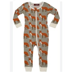 MilkBarn Kids Fox Print Footed Pajamas Sleepwear One Piece Zipper Tan Orange